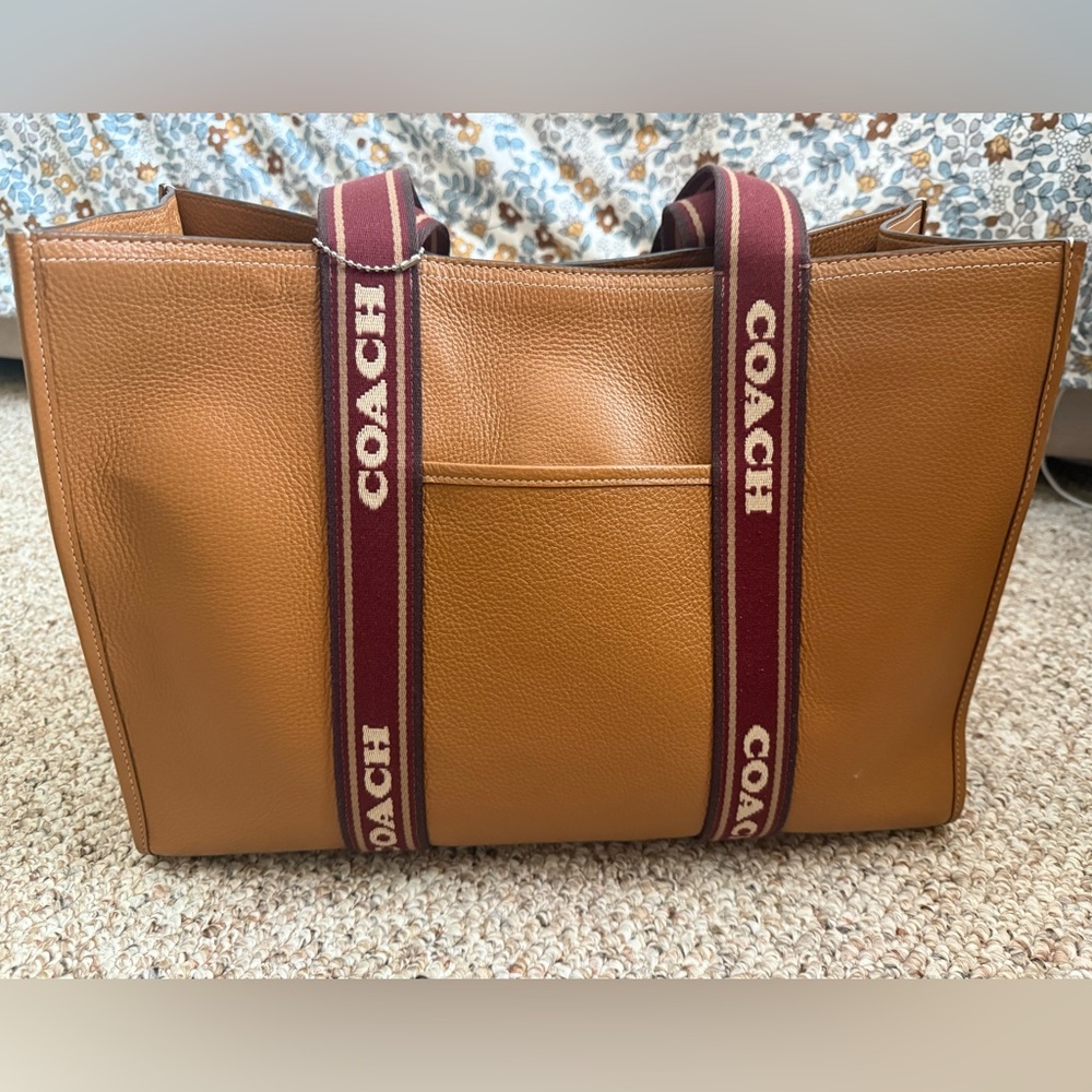 Coach Brown Leather Tote with Burgundy Straps